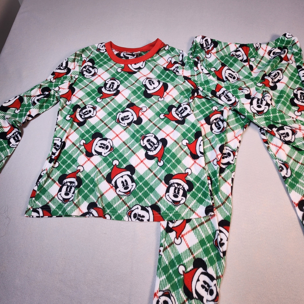 Disney Green Plaid Mickey Mouse Holiday Pajama Set with Red Trim